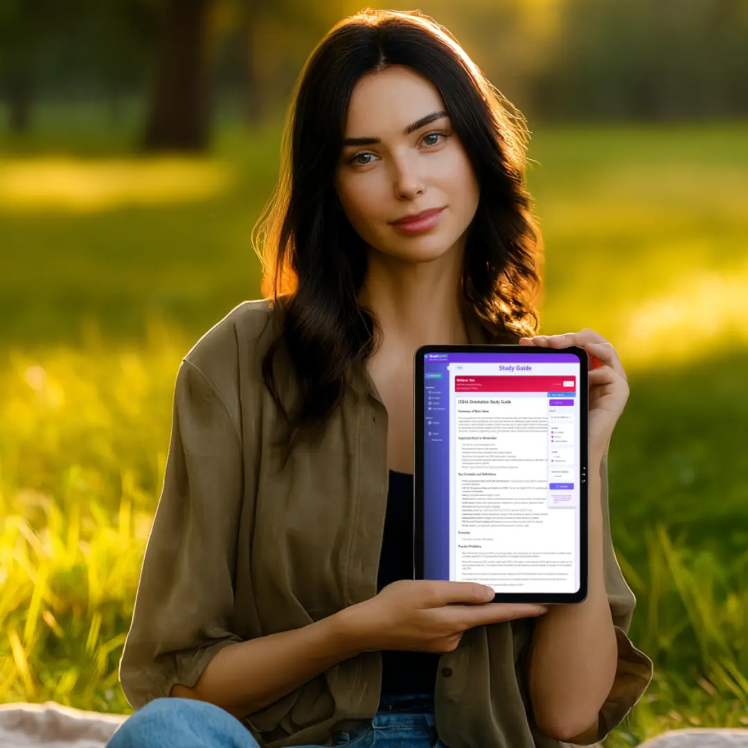 female student in a sunny park, holding a tablet with study guide onscreen