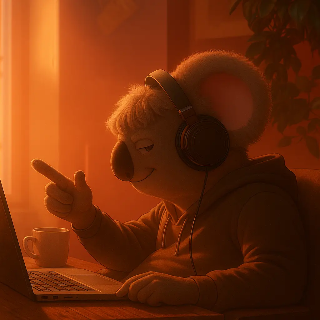 koala in a hoodie with headphones smiling and pointing a finger