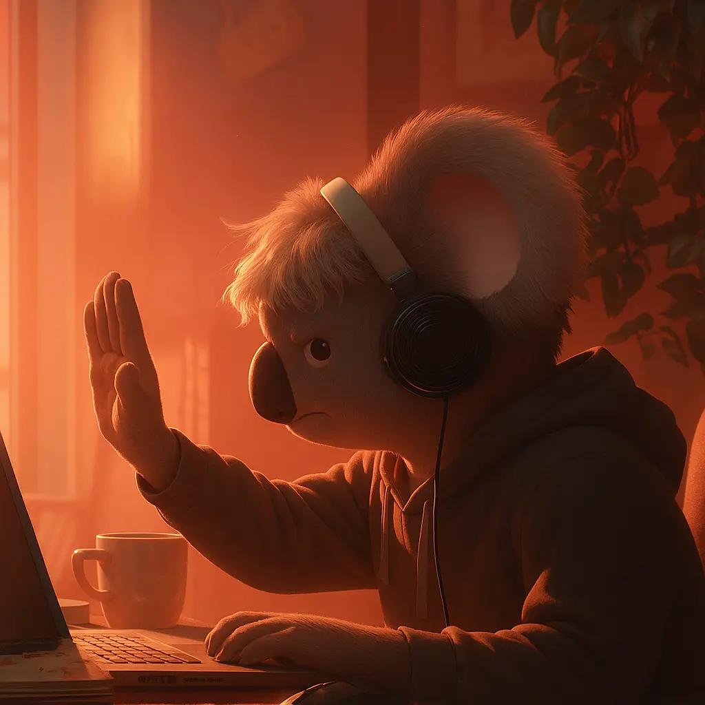 koala in a hoodie with headphones making a stop gesture