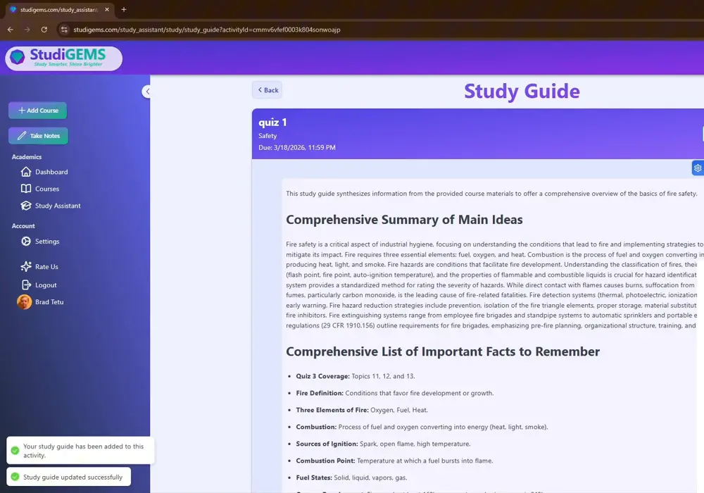 StudiGEMS-generated study guide showing a comprehensive summary and key facts list