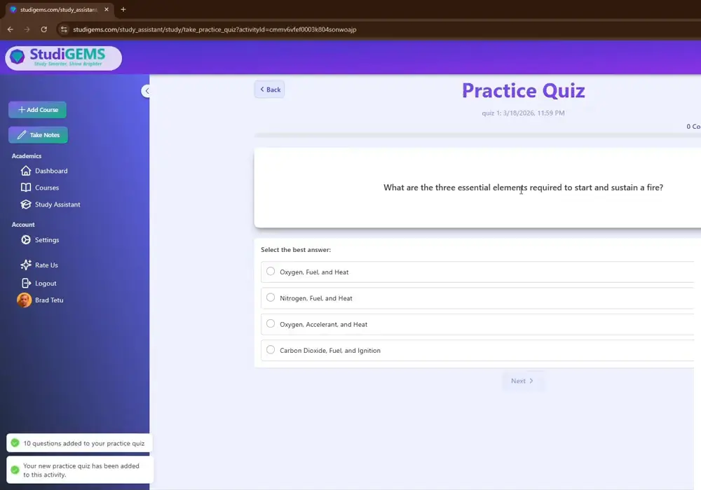 Practice quiz question generated from a StudiGEMS study guide, with live scoring