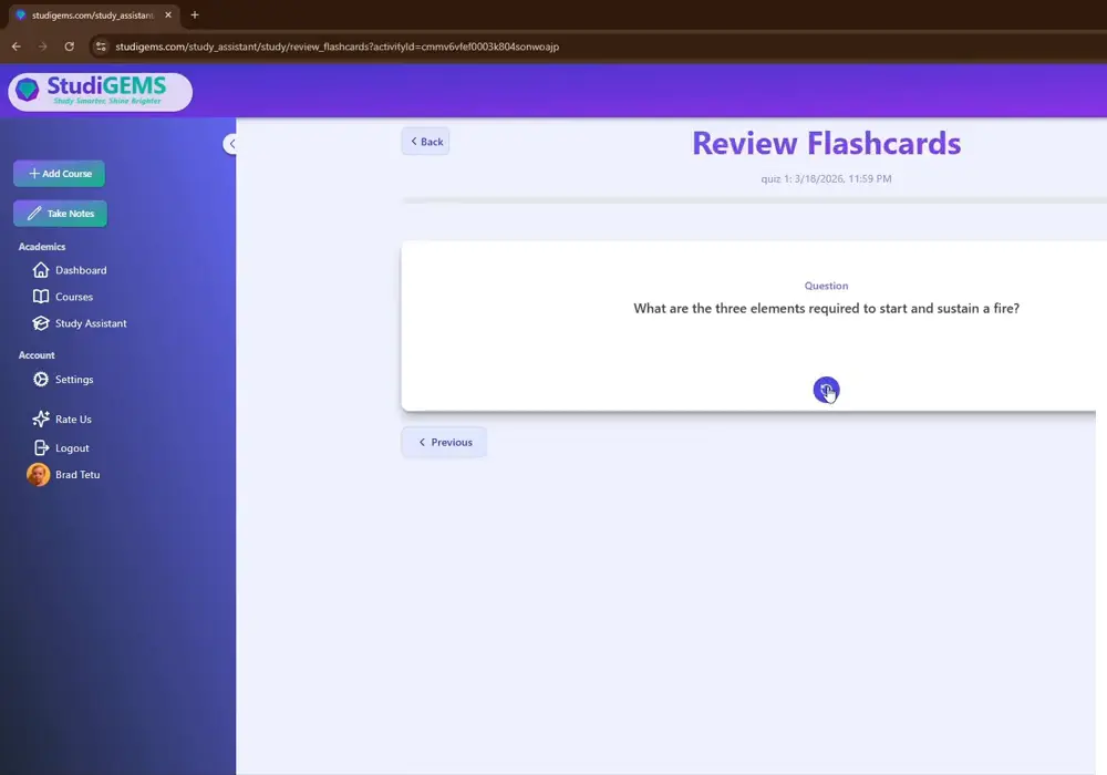Flashcard review screen generated from a lecture slide deck in StudiGEMS