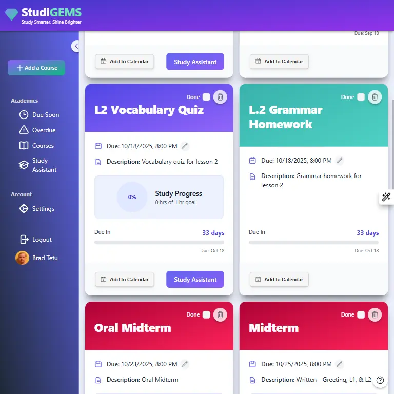 StudiGEMS course details, quiz highlighted