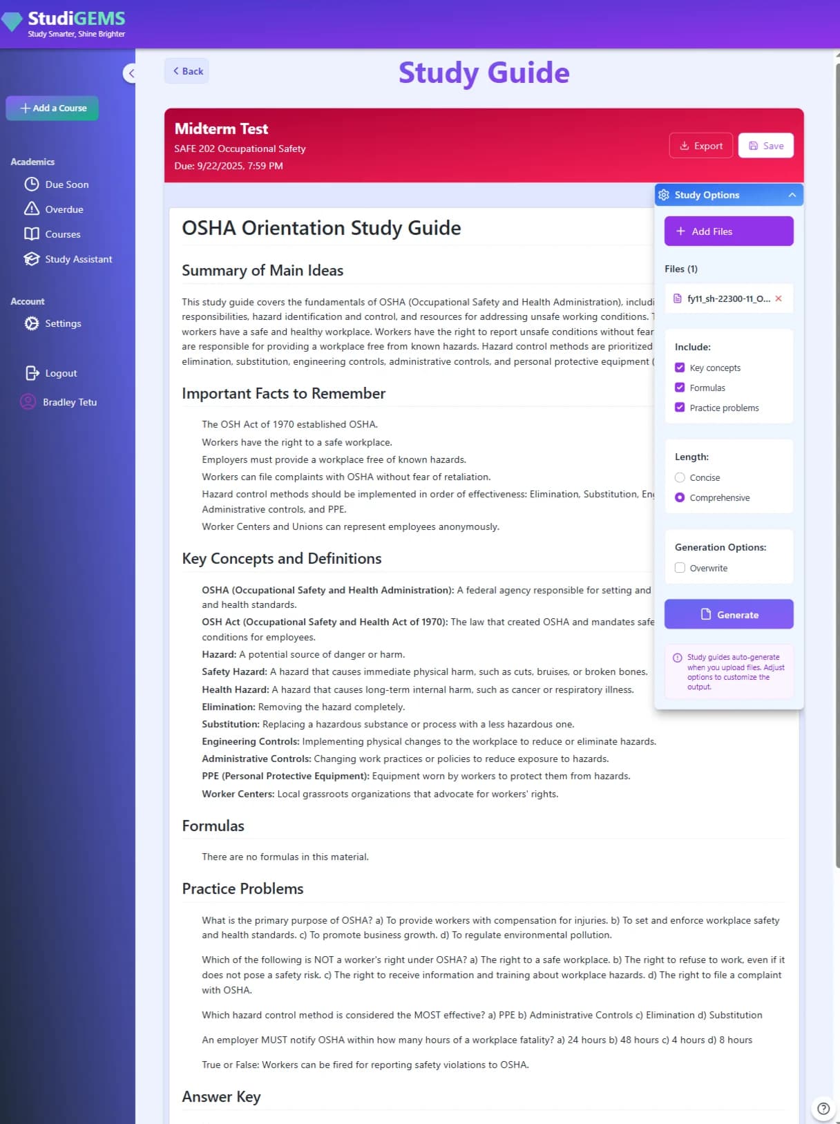screenshoot of an AI generated study guide