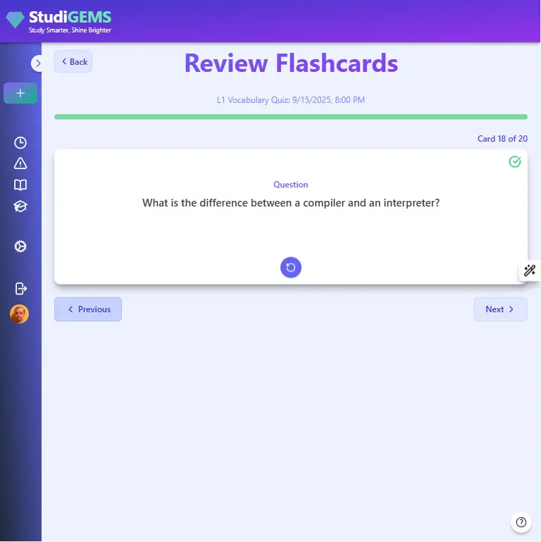 screenshot of StudiGEMS flashcard review