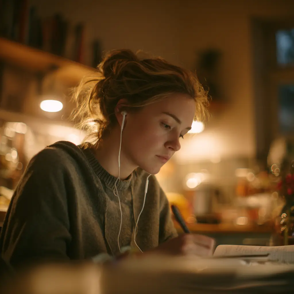 female student studying late a night